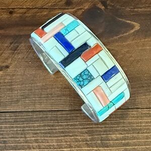 Native American Inlaid Cuff Bracelet Turquoise, Bone, Coral, Lapis & Sterling